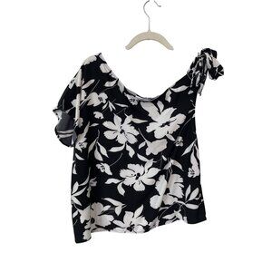 Laqeyko One Shoulder Floral Top Size Large Tie Shoulder Black White Fairygoth